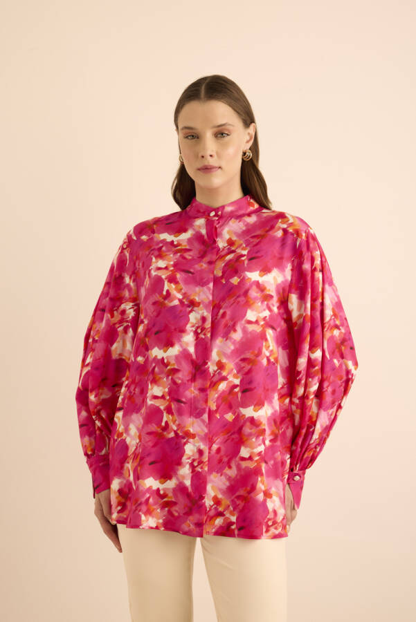 Fuşya Desenli Viscon Bluz - 4