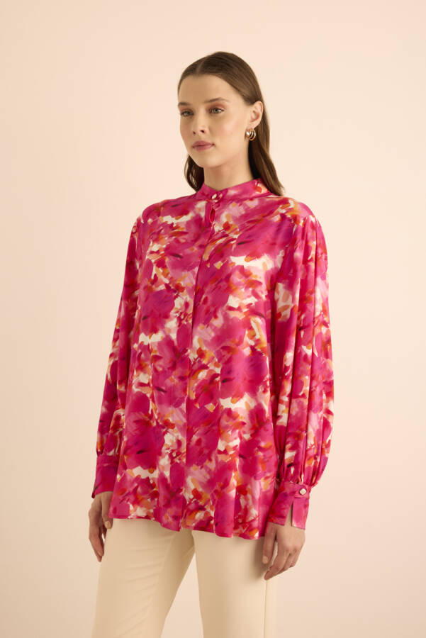 Fuşya Desenli Viscon Bluz - 6