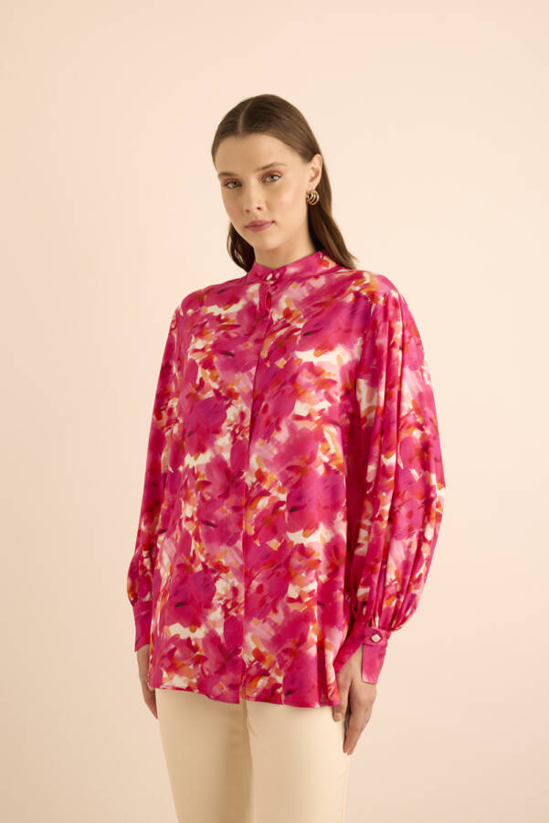 Fuşya Desenli Viscon Bluz - 2