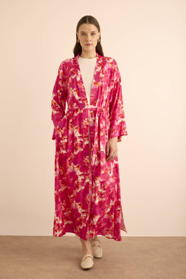 Fuşya Desenli Viscon Kimono - 4