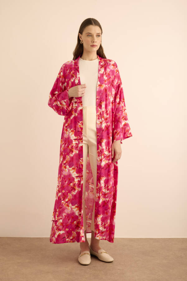 Fuşya Desenli Viscon Kimono - 5