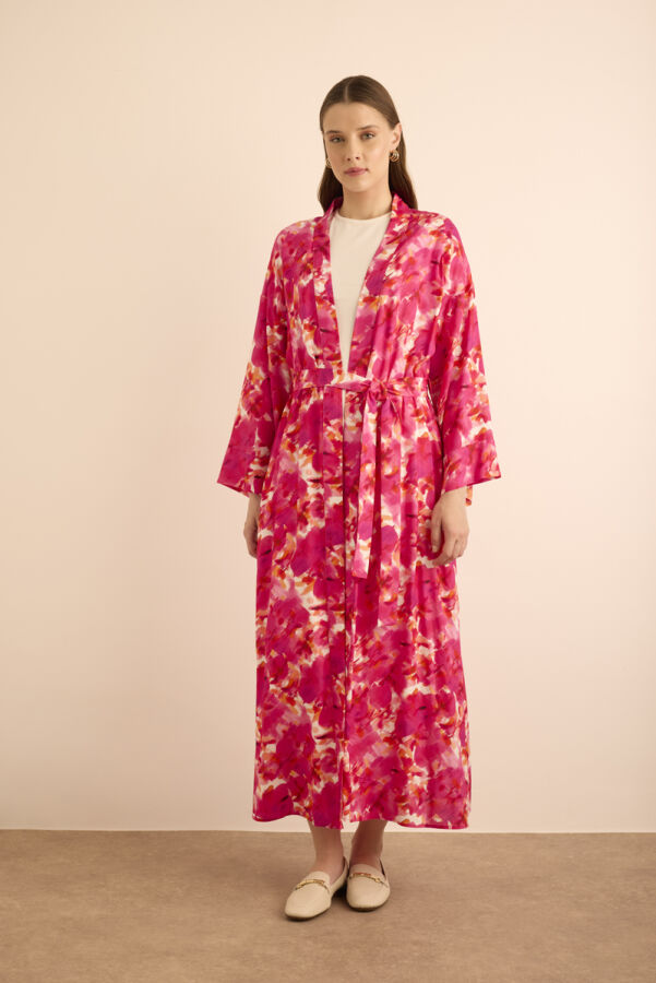 Fuşya Desenli Viscon Kimono - Aker