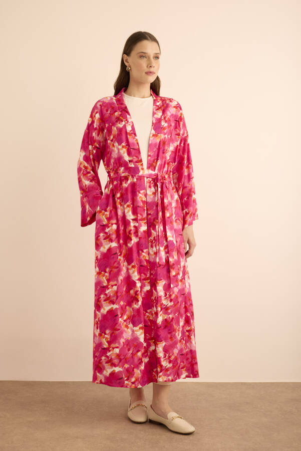 Fuşya Desenli Viscon Kimono - 3