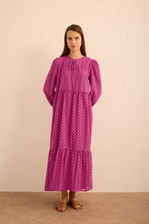 Fuşya Hacimli Cotton Brode Elbise - 3