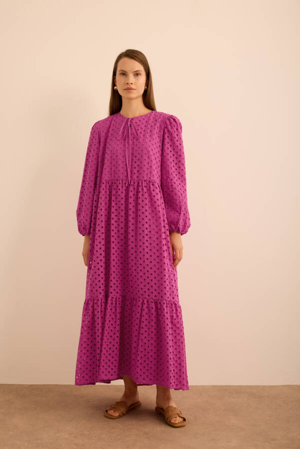 Fuşya Hacimli Cotton Brode Elbise - 1
