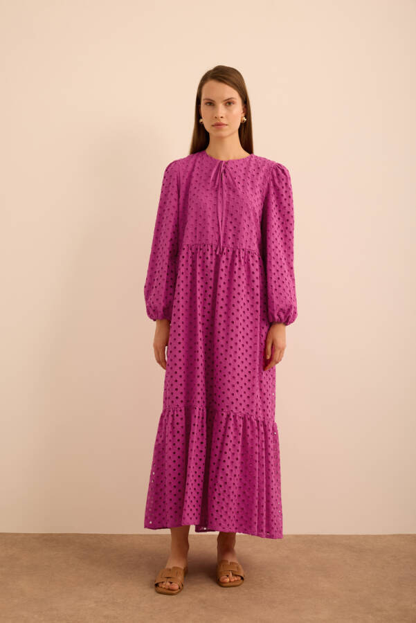 Fuşya Hacimli Cotton Brode Elbise - 2