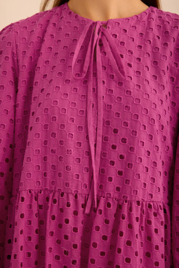 Fuşya Hacimli Cotton Brode Elbise - 5