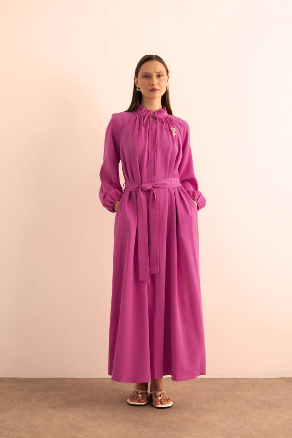 Fuşya Kemeri Düğme Detaylı Tencel Cotton Elbise - 1