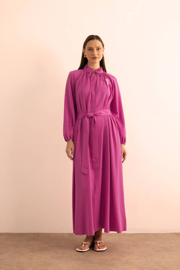 Fuşya Kemeri Düğme Detaylı Tencel Cotton Elbise - 2