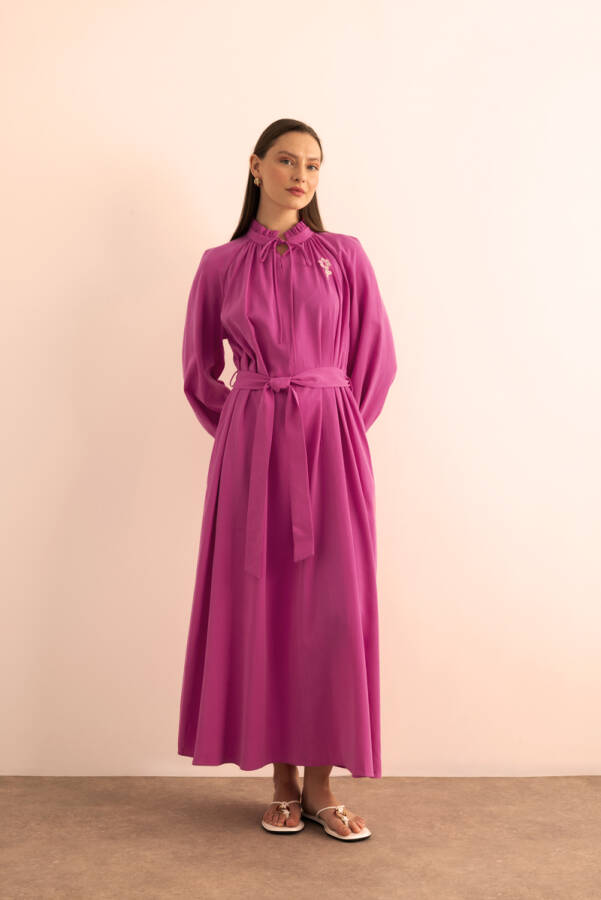 Fuşya Kemeri Düğme Detaylı Tencel Cotton Elbise - 3