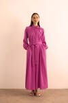 Fuşya Kemeri Düğme Detaylı Tencel Cotton Elbise 