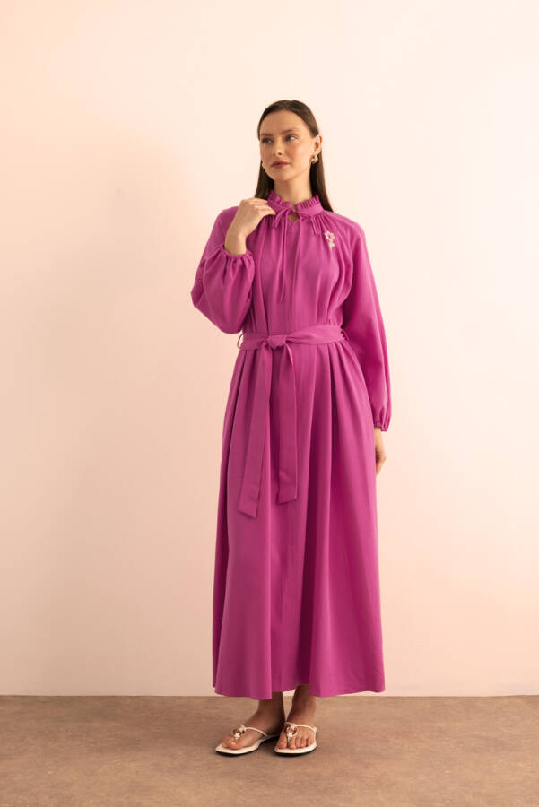 Fuşya Kemeri Düğme Detaylı Tencel Cotton Elbise - 4