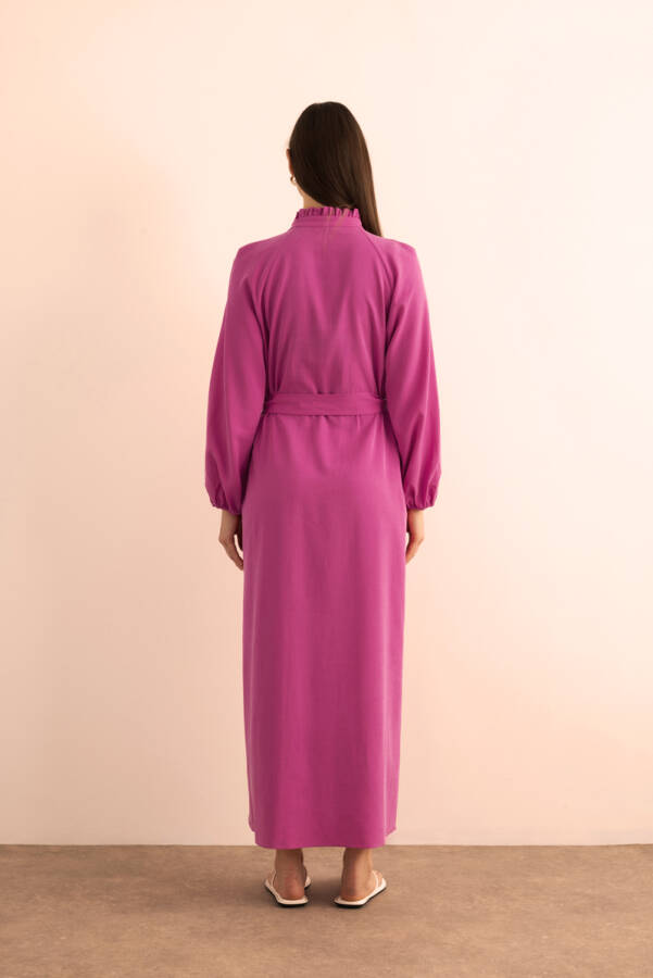 Fuşya Kemeri Düğme Detaylı Tencel Cotton Elbise - 6