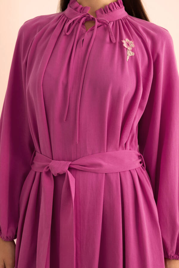 Fuşya Kemeri Düğme Detaylı Tencel Cotton Elbise - 5