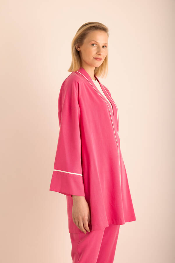 Fuşya Kemeri Düğme Detaylı Tencel Cotton Kap - 5