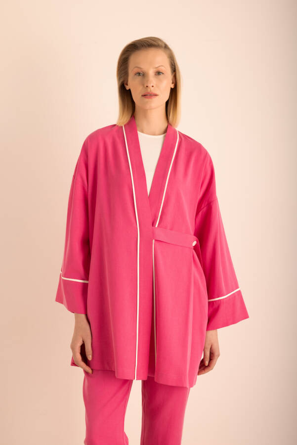 Fuşya Kemeri Düğme Detaylı Tencel Cotton Kap - 3