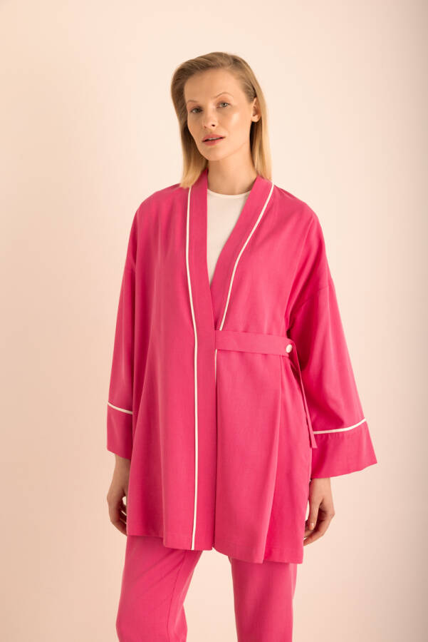 Fuşya Kemeri Düğme Detaylı Tencel Cotton Kap - Aker
