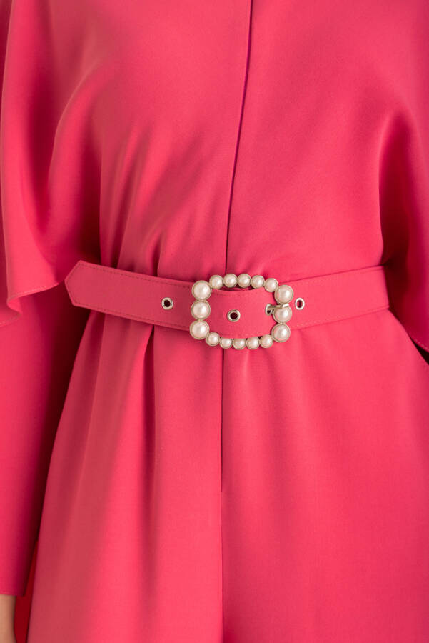 Fuşya Kemerli Pelerin Detaylı Dokuma Tulum - 3