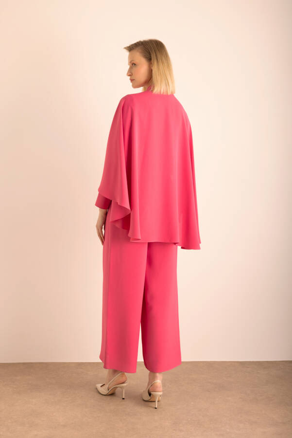 Fuşya Kemerli Pelerin Detaylı Dokuma Tulum - 5