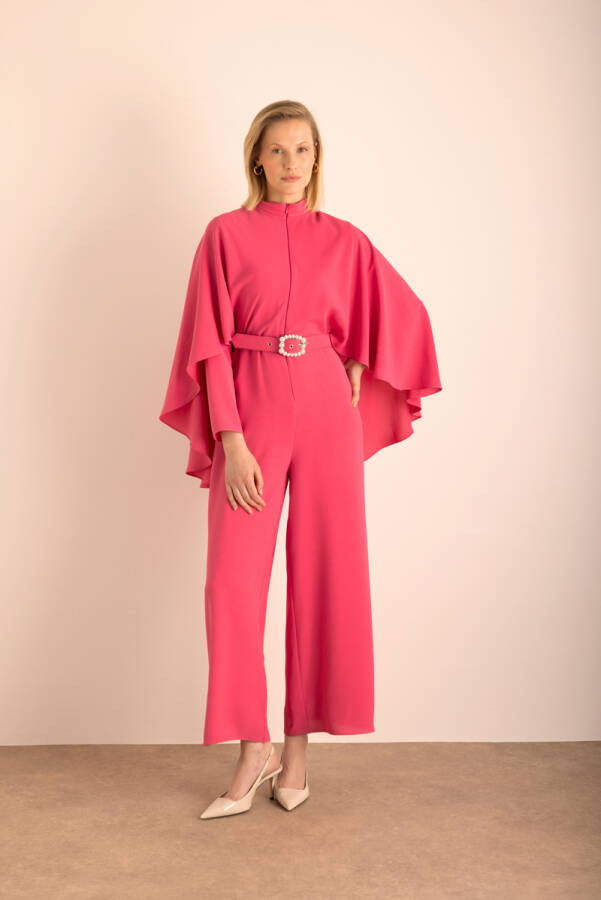 Fuşya Kemerli Pelerin Detaylı Dokuma Tulum - Aker