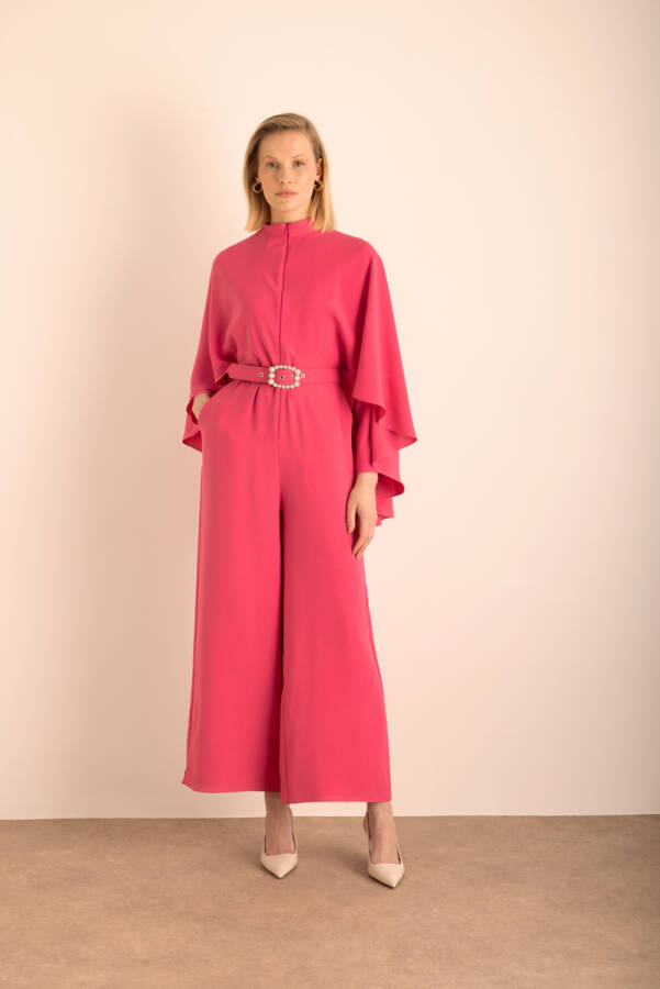 Fuşya Kemerli Pelerin Detaylı Dokuma Tulum - 4