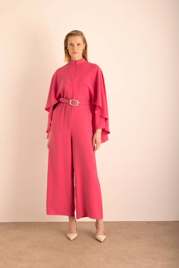 Fuşya Kemerli Pelerin Detaylı Dokuma Tulum - 3