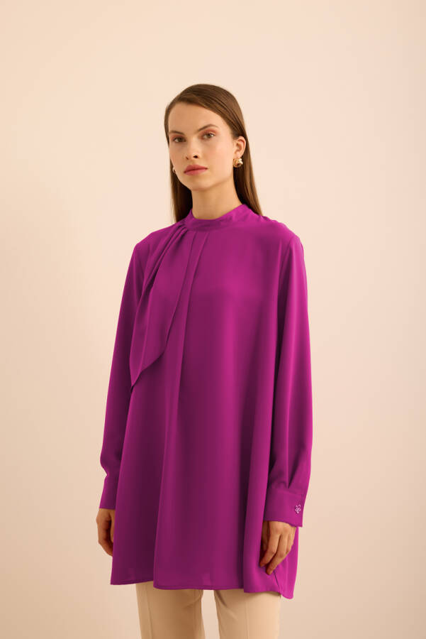 Fuşya Ön Göğüs Kısmı Pile ve Parça Detaylı Bluz - 3