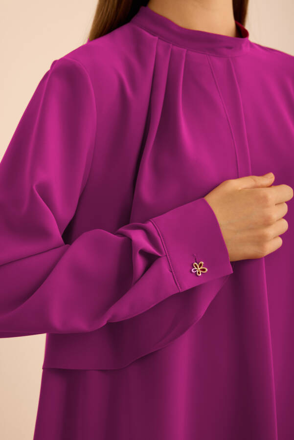 Fuşya Ön Göğüs Kısmı Pile ve Parça Detaylı Bluz - 5