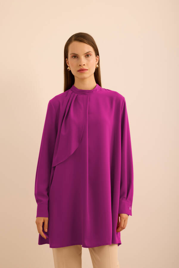 Fuşya Ön Göğüs Kısmı Pile ve Parça Detaylı Bluz - Aker