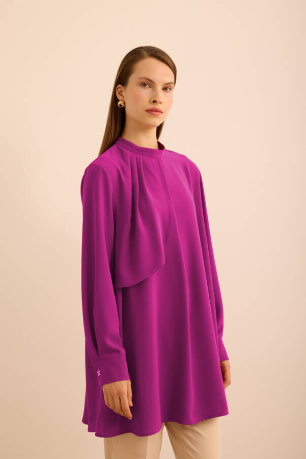 Fuşya Ön Göğüs Kısmı Pile ve Parça Detaylı Bluz - Aker (1)