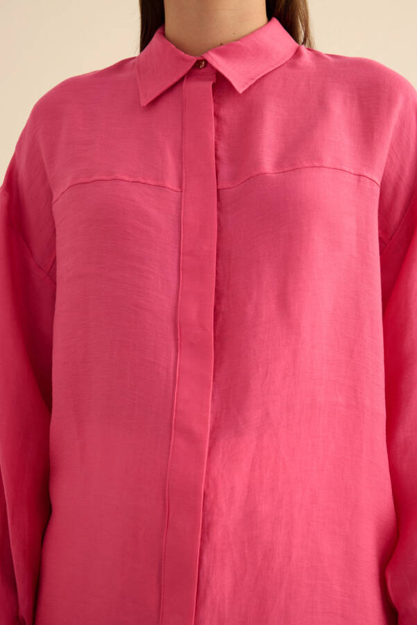 Fuşya Rahat Form Keten Bluz - 6