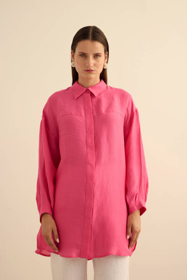 Fuşya Rahat Form Keten Bluz - 3