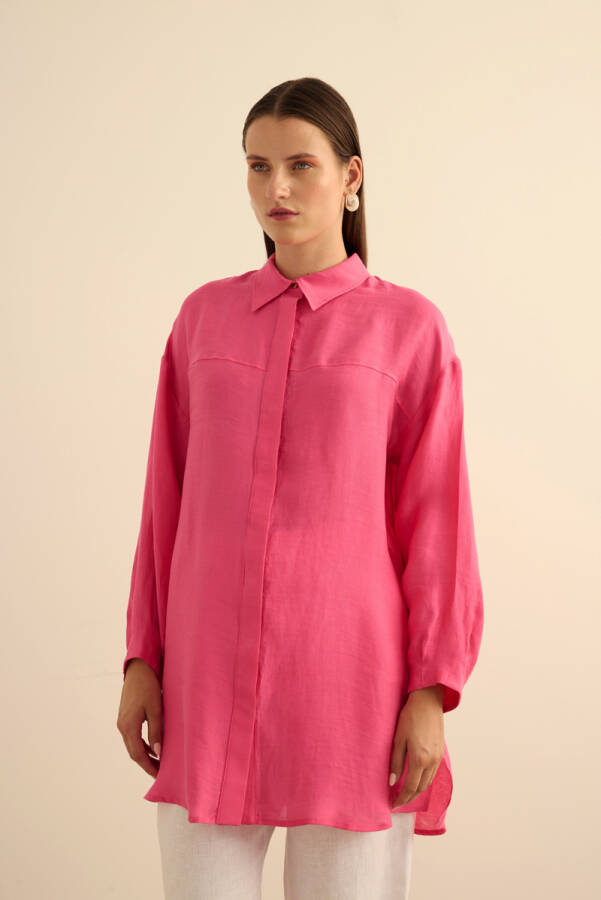 Fuşya Rahat Form Keten Bluz - 5