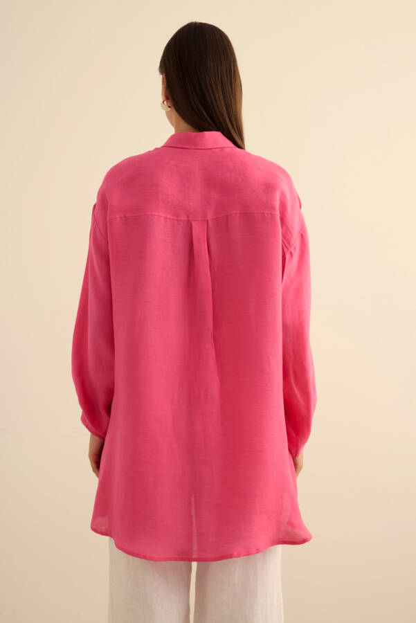 Fuşya Rahat Form Keten Bluz - 7