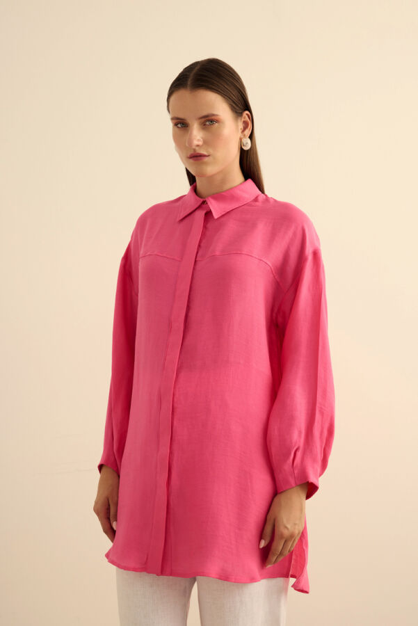 Fuşya Rahat Form Keten Bluz - 4