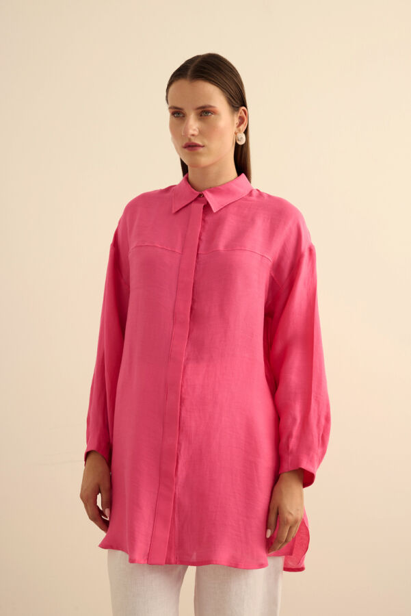 Fuşya Rahat Form Keten Bluz - 5