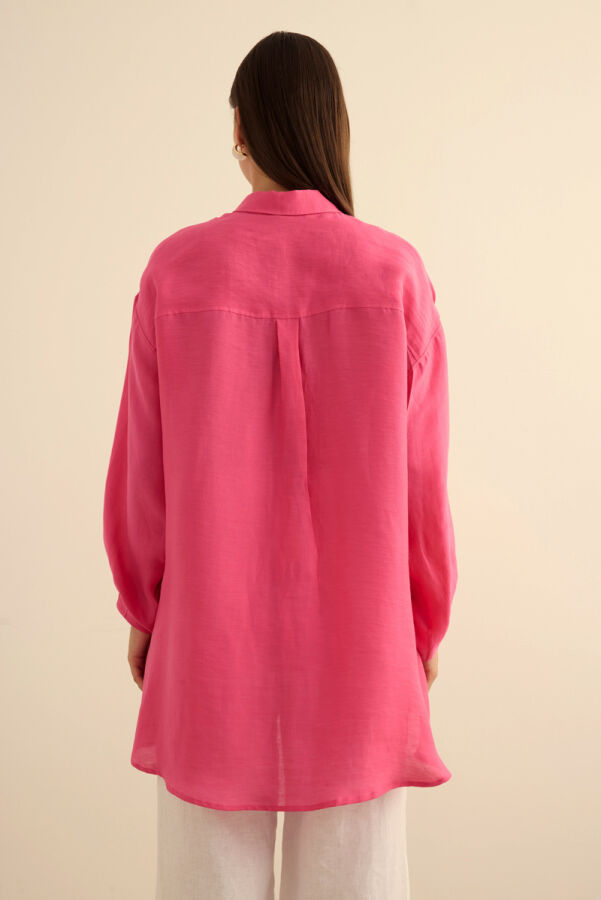 Fuşya Rahat Form Keten Bluz - 7