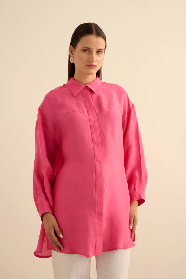Fuşya Rahat Form Keten Bluz - Aker