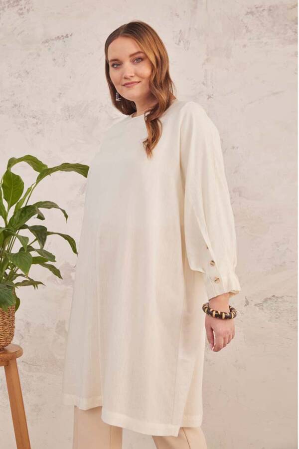 Ekru Geniş Kesim Dokulu Tunik - 1