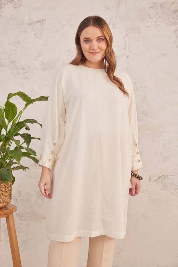 Ekru Geniş Kesim Dokulu Tunik - 2