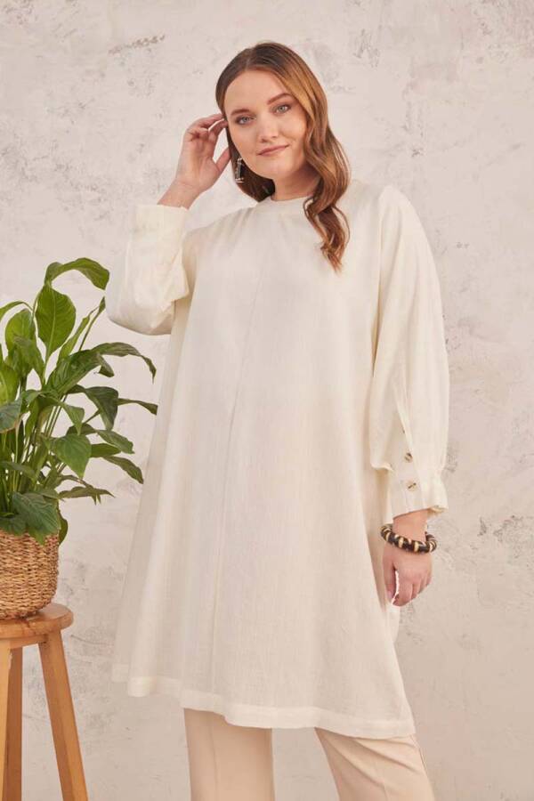 Ekru Geniş Kesim Dokulu Tunik - 3