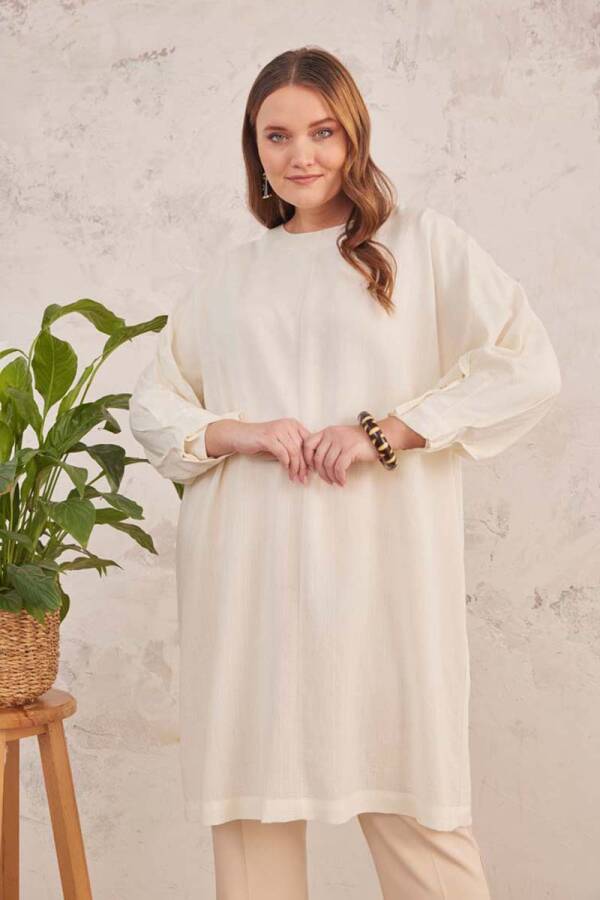 Ekru Geniş Kesim Dokulu Tunik - 4