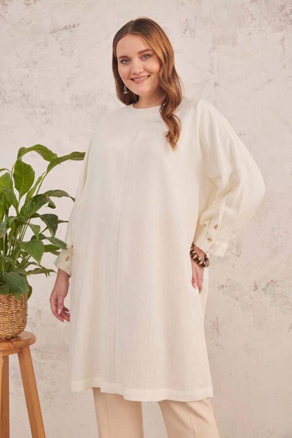 Ekru Geniş Kesim Dokulu Tunik - 5