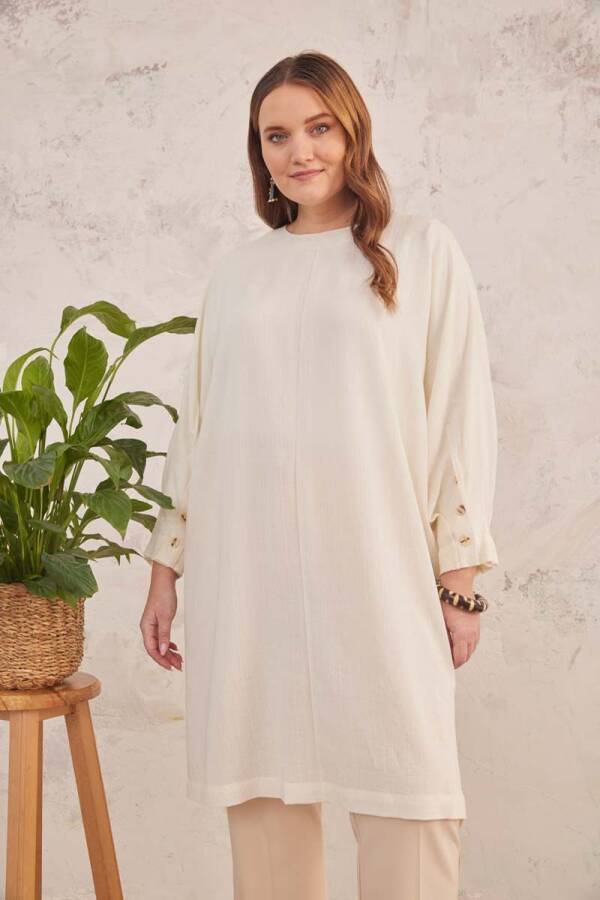 Ekru Geniş Kesim Dokulu Tunik - 6