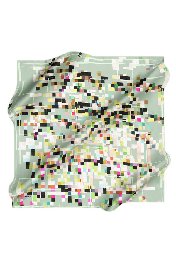 Geometrik Desenli İpek Krep Saten Eşarp - Aker