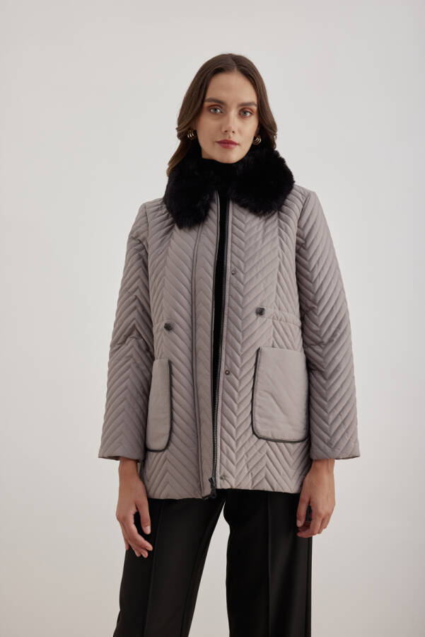 Gri 5829111 Yaka Detaylı Kapitone Kısa Mont - Aker