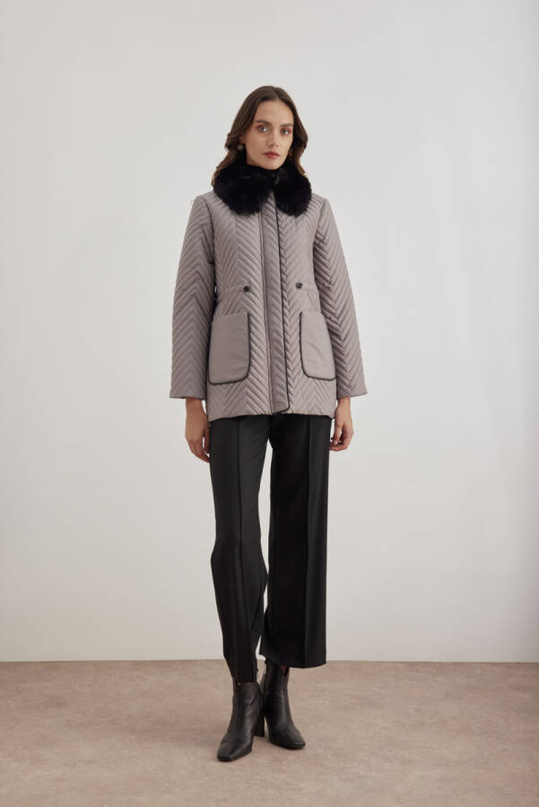 Gri 5829111 Yaka Detaylı Kapitone Kısa Mont - Aker (1)