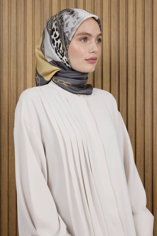 Gri 90X90 İpek Krep Saten Eşarp - 1