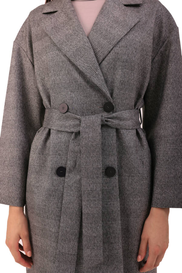 Gri Belden Kuşaklı Ekose Ceket - 5