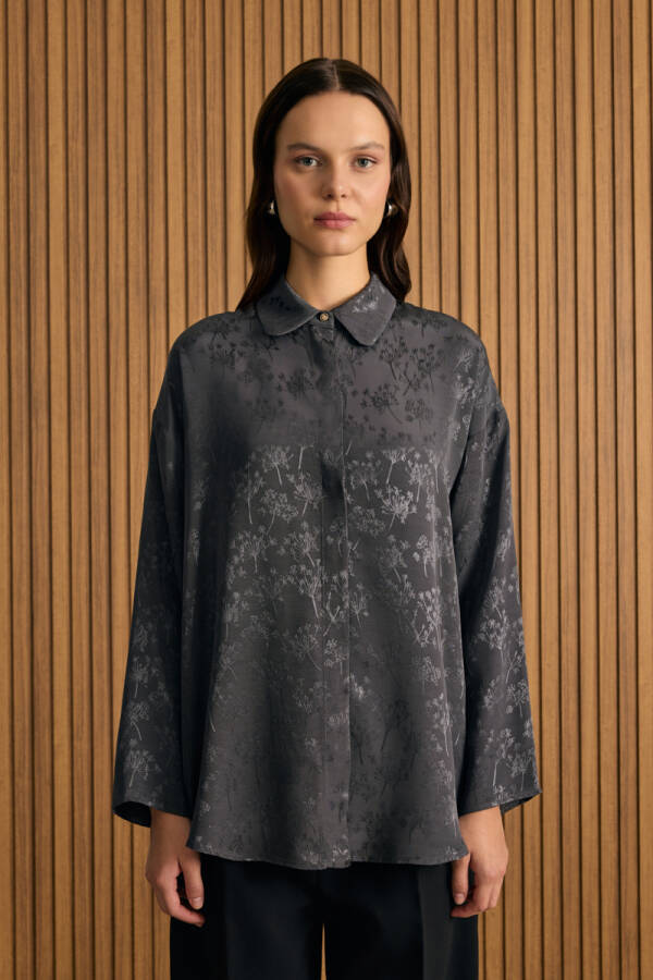 Gri Dokusu Desenli Rayon Gömlek - 1